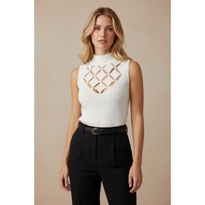 White House Black Market XS Sleeveless Cutout Mock Neck Knit Shell White